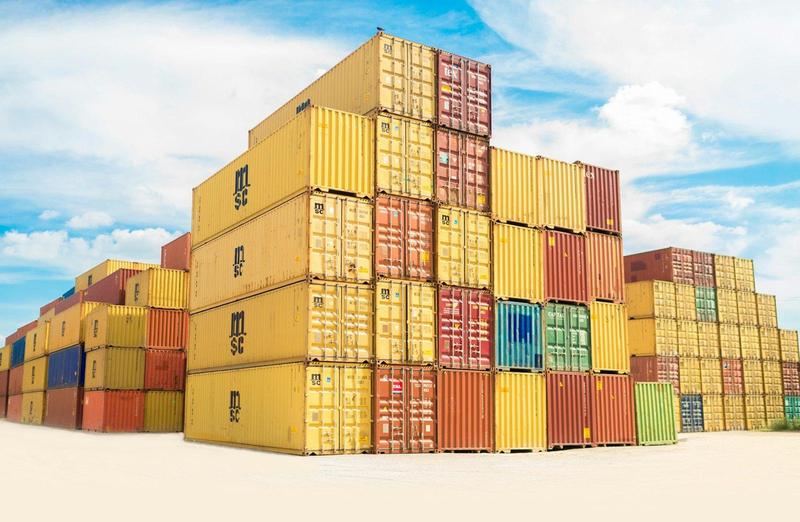 Stacked shipping containers at a port